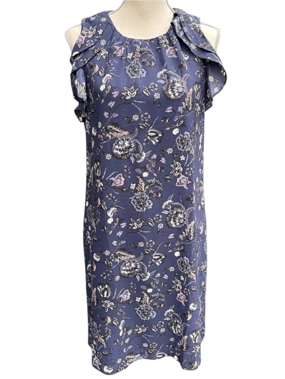 Ann Taylor Factory Blue Floral Cap Ruffle Shift Dress (10)